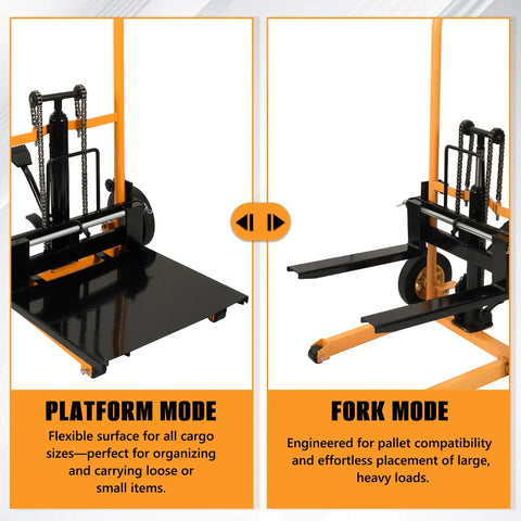 Heavy Duty Manual Material Stacker Workhorse With 450 Lb Capacity, Hydraulic Foot Pedal Lift, Adjustable Forks From 2.75 To 43.3 Inches, Removable Platform, Carbon Steel Frame And PU Wheels For Easy Warehouse Loading shown in platform and fork modes