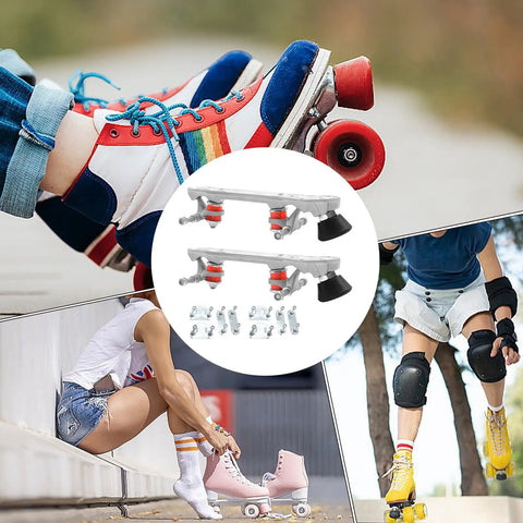 Quad Roller Skate Plate Upgrade For Two Row And Four Wheel Setups shown with various skaters and installation accessories.