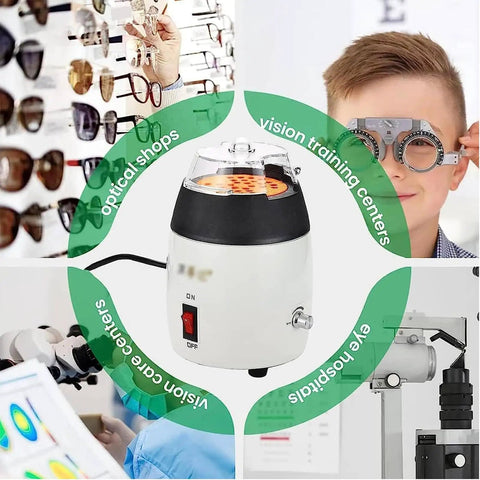 Heavy Duty Eyeglass Frame Warmer Hot Air Heater For Spectacles With Adjustable Temperature 75 To 150 Celsius used alongside optical equipment and glasses.
