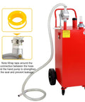 35 Gallon Gas Caddy With Manual Transfer Pump On Wheels For Cars, Boats, Mowers, And ATVs Heavy Duty Steel Fuel Tank With Weather Resistant Construction Portable Red, featuring hose