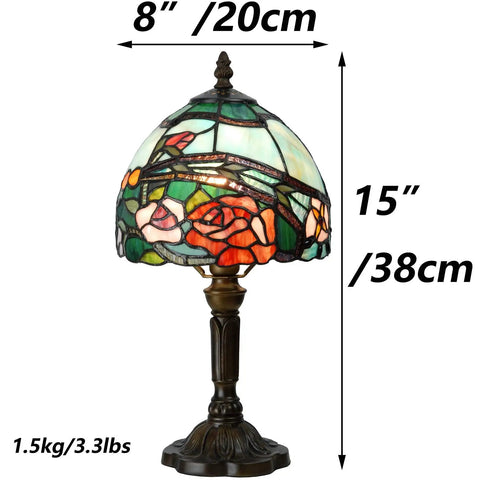Rose Flower Tiffany Style Stained Glass Table Lamp With 8 Inch Wide Lampshade And 15 Inch Tall Red Finish, handcrafted