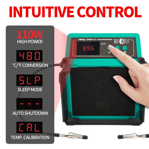 Hand adjusting digital display on 2-In-1 Soldering Station With Built-In Fume Extractor And 110W Iron, featuring intuitive controls