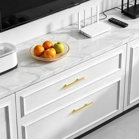 White cabinet with Brushed Gold 6 Inch Stainless Steel Cabinet Pulls With 3.8 Inch Hole Center Modern Drawer Handles DIY Friendly Double T Bar Design