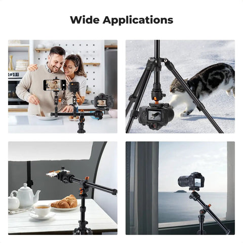 Go To 76 Inch Camera Tripod With Rotatable Center Column And 360 Degree Ball Head Heavy Duty 8kg Load Lightweight shown in use indoors and outdoors