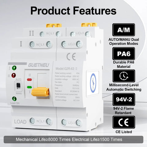Automatic Manual Dual Power Transfer Switch For 4 Pole 63 Amp 110 Volt Systems With Ultra Fast Switching Under 50 Milliseconds Keeps Critical Gear Online And Data Safe For Your Backup Power, white PA6