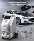 Shop Grade No Fuss Fully Automatic Refrigerant Recovery Machine For R134a And 1234yf Auto AC Service with touchscreen and quick-connect fittings.