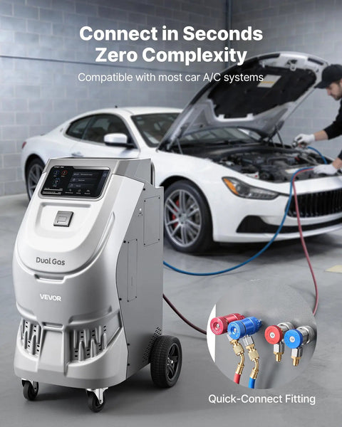 Shop Grade No Fuss Fully Automatic Refrigerant Recovery Machine For R134a And 1234yf Auto AC Service with touchscreen and quick-connect fittings.