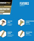 Pro Shop Grade Interior Wood Screws Size 9 X 2-1/2 Inch 88 Pack features T-25 star drive and diamond shank design for easy driving.
