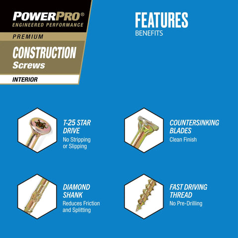 Pro Shop Grade Interior Wood Screws Size 9 X 2-1/2 Inch 88 Pack features T-25 star drive and diamond shank design for easy driving.