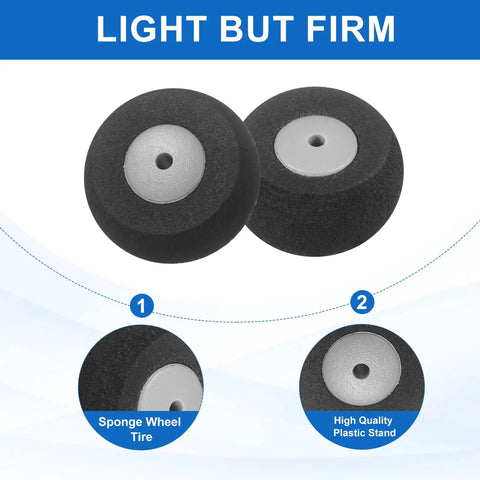RC Airplane Wheels Foam Sponge Tires Replacement Kit for DIY Planes and Helicopters, with black and grey PU foam, plastic hub.