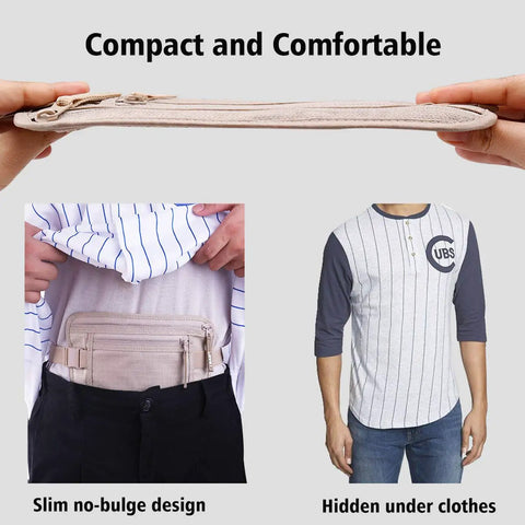 Ultra Slim RFID Blocking Travel Money Belt Hidden Under Clothes For Women And Men With Passport Holder, side view and in-use.