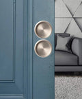 Six Pack Satin Nickel Closet Door Finger Pulls For Bypass Sliding Doors, 2-1/8 Inch Opening, installed on blue door