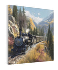 Dope Steam Locomotive Train Framed Canvas Wall Art, Square Canvas Print in mountain landscape with autumn colors