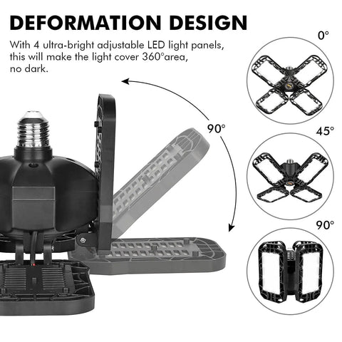 Four Pack LED Garage Light With Four Adjustable Panels 180W Ultra Bright Shop Light 18000LM E26 E27 Base showing deformation design