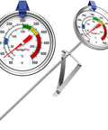 Candy Thermometer With Pot Clip, 9-Inch Long Probe showing temperature range, ideal for frying and candy making.