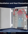 Heavy Duty Outdoor Electrical Junction Box Waterproof ABS Enclosure With Built In 15 Amp Power Outlet And Snug Hinged Lid Solid 16X12X4 Inch Shell showing ventilation features.