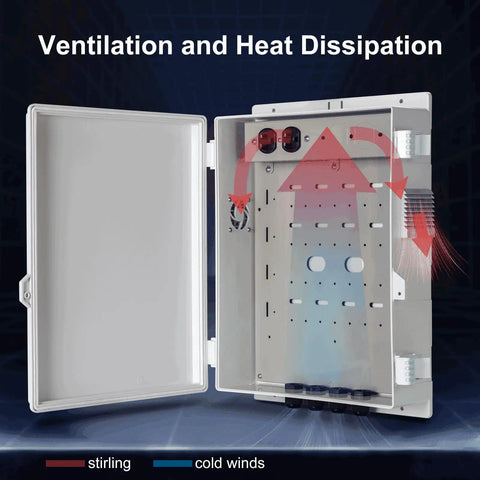 Heavy Duty Outdoor Electrical Junction Box Waterproof ABS Enclosure With Built In 15 Amp Power Outlet And Snug Hinged Lid Solid 16X12X4 Inch Shell showing ventilation features.