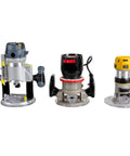 Three portable routers showcasing Universal Dust Free Router Hood For Portable Routers Keeps Your Workbench Clean By Containing Router Dust And Debris In Your Wet Dry Vacuum System Easy Install And High Efficiency Dust Collection For Routing Sessions attached on workbench.