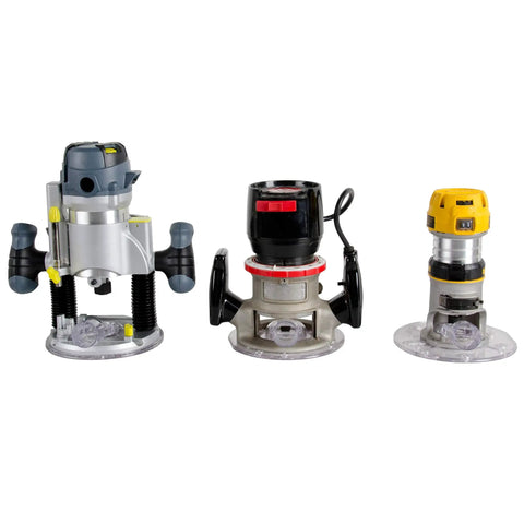 Three portable routers showcasing Universal Dust Free Router Hood For Portable Routers Keeps Your Workbench Clean By Containing Router Dust And Debris In Your Wet Dry Vacuum System Easy Install And High Efficiency Dust Collection For Routing Sessions attached on workbench.