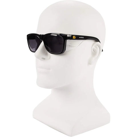 Maverick Safety Eyewear With Smoke Gray Body And Smoke Lens Black Frame All Day Comfort Fit Integrated Side Shields And Browguard For Durable Eye Protection On The Job shown on mannequin