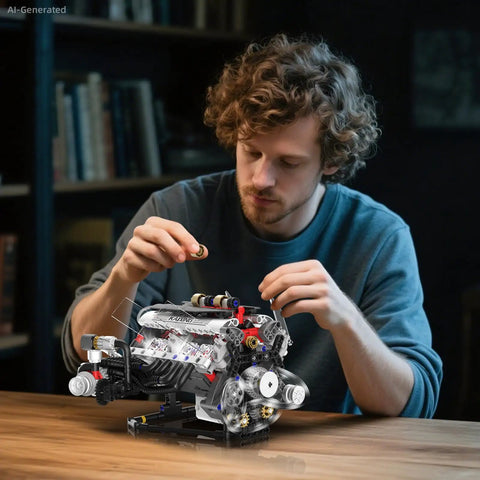 Person assembling Realistic V8 Engine Model Kit With Working Pistons Lights And Motor Visible Engine Movement STEM Build Set