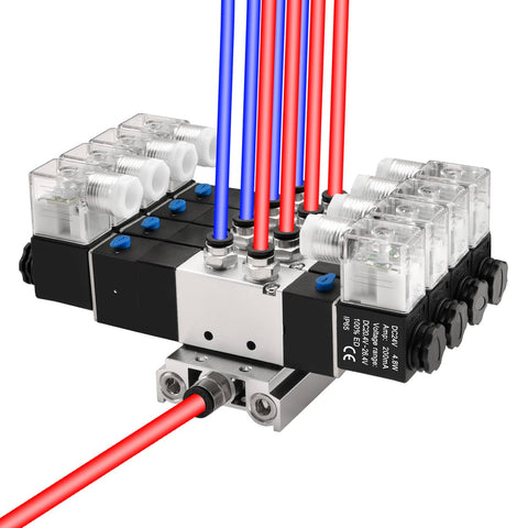 Beefy 4V230C-08 Solenoid Pneumatic Valve 5 Way 3 Position Internally Piloted, 24V DC Coil, PT1/4 Ports, with manifold and fittings
