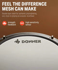 Close-up of DED-80 Electronic Drum Set mesh pad showing Donner logo and text highlighting mesh feedback and sensitivity.