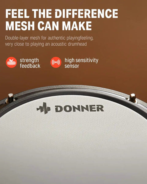 Close-up of DED-80 Electronic Drum Set mesh pad showing Donner logo and text highlighting mesh feedback and sensitivity.