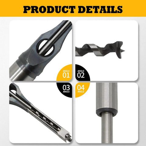 Kickin Square Hole Drill Bit Set With Universal Chuck Adapter close-up of alloy steel cutting head and slide-lock adapter detail.