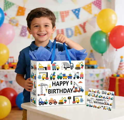 Child holding Construction Birthday Gift Bags For Boys With Tissue Paper And Greeting Card 13 Inch Vehicle Theme Trucks Excavators