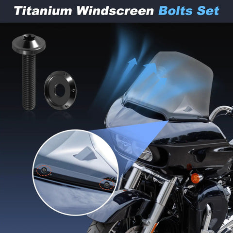 4x Titanium Windshield Screws Set For Harley Davidson Touring Road Glide And Road Glide Special 2015 To 2023 shown with bike