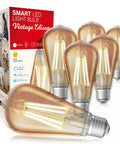 Zigbee Smart Edison Bulbs 6 Pack Hub Required For SmartThings And Echo Built In Hub Compatible Voice Control With Alexa And Google Home Amber Warm 2000K LED E26 60W Equivalent, showing vintage-style LED bulbs with packaging.