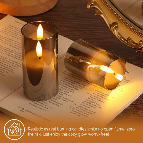Grey Glass Flameless Candles With Remote Control Real Wax Look Flickering LED Pillar Candles for Cozy Home Decor Slim Tall Battery Powered Set of Five
