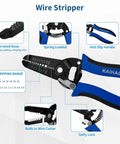 Five Pack Wire Strippers And Cutters With Safety Lock And Spring Loaded Pro Grade Electrician Pliers For 10 To 22 AWG Stranded Wire Easy Grip Anti Slip Handles Handy Essential Tool Kit For Home And Workshop showing close-up features like serrated nose, spring loaded, anti-slip handle, and built-in wire cutter.