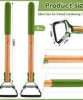 Diagram showing 2 Pcs Mini Garden Hoes For Weeding Long Stirrup Tools with wood handles and dimensions.