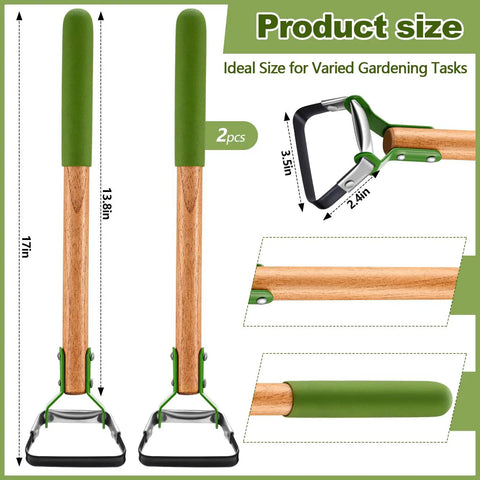Diagram showing 2 Pcs Mini Garden Hoes For Weeding Long Stirrup Tools with wood handles and dimensions.