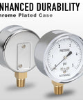 Zero To Five Psi Capsule Low Pressure Gauge With 2.5 Inch Dial And 1/4 In NPT Lower Mount Chrome Plated Case, front and back view