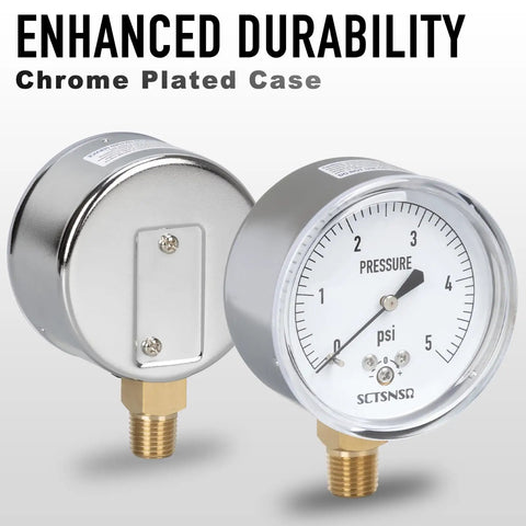 Zero To Five Psi Capsule Low Pressure Gauge With 2.5 Inch Dial And 1/4 In NPT Lower Mount Chrome Plated Case, front and back view