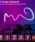LED Neon Rope Light 9.8ft Flexible RGBIC Strip With Music Sync and DIY Design illuminating a living room wall.