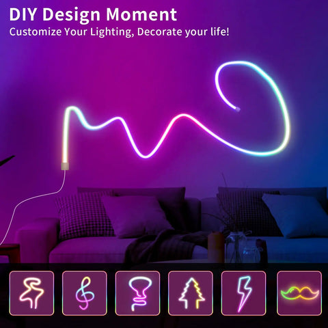 LED Neon Rope Light 9.8ft Flexible RGBIC Strip With Music Sync and DIY Design illuminating a living room wall.