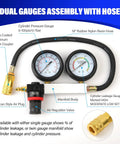Front view of Gnhydxfe TU-21 engine cylinder leak-down tester kit with dual gauges, black hose, and brass fittings.