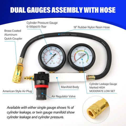 Front view of Gnhydxfe TU-21 engine cylinder leak-down tester kit with dual gauges, black hose, and brass fittings.