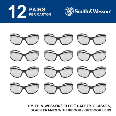 Elite Safety Glasses With Indoor Outdoor Lenses Black Frame Unisex For Men And Women 12 Pack 99.9 UVA UVB UVC Protection Lightweight Shooting Sunglasses For Work Range