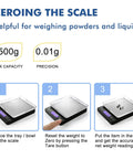 Pro Grade Digital Kitchen Scale 0.01g Resolution 500g Capacity With Backlit LCD Display for weighing powders and liquids process guide.