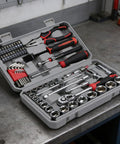 62 Piece Tool Box Set For Home Garage And DIY Projects With Metric Sockets Ratchets Wrenches Screwdriver Bits Pliers And Handy Accessories Fully Organized Pouch And Rack Design So You Can Grab What You Need Fast, open view with tools in case