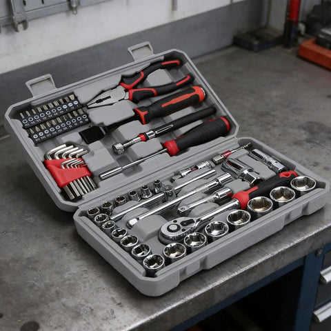 62 Piece Tool Box Set For Home Garage And DIY Projects With Metric Sockets Ratchets Wrenches Screwdriver Bits Pliers And Handy Accessories Fully Organized Pouch And Rack Design So You Can Grab What You Need Fast, open view with tools in case