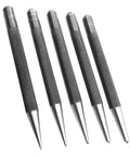 Ready For Some Badass DIY 5 Piece Center Punch Set Hardened Steel Knurled Grip Kit Tapered Points, showing five precision tools.