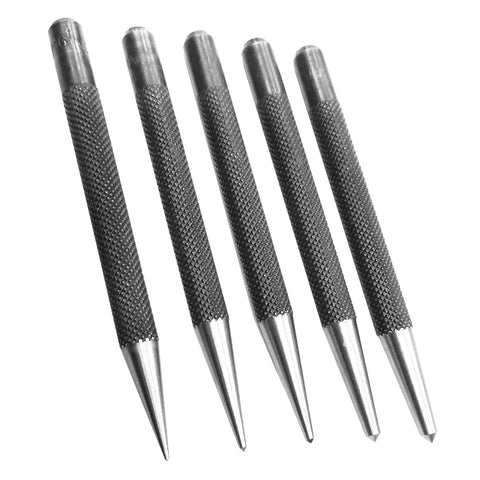 Ready For Some Badass DIY 5 Piece Center Punch Set Hardened Steel Knurled Grip Kit Tapered Points, showing five precision tools.