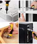 Ratcheting 13-In-1 Multi Bit Screwdriver Set With 180 Degree Pivot Magnetic Bits in use on electronics and furniture.