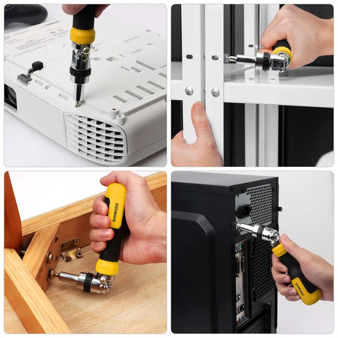 Ratcheting 13-In-1 Multi Bit Screwdriver Set With 180 Degree Pivot Magnetic Bits in use on electronics and furniture.